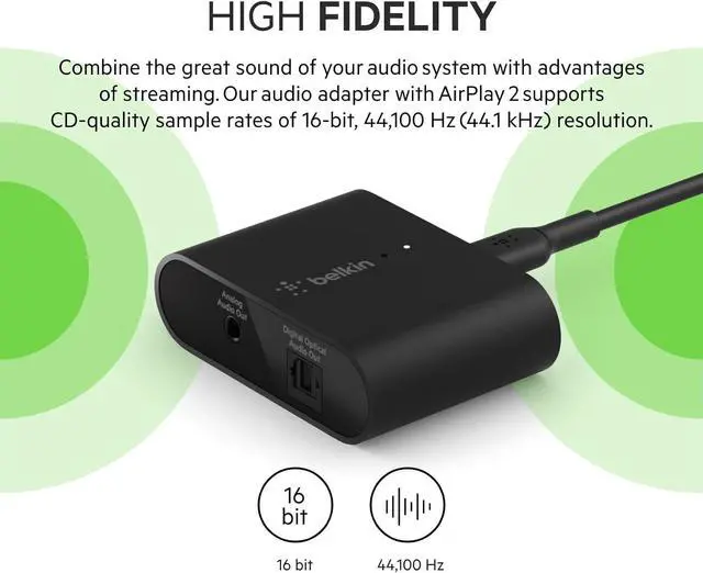 Alt view image 5 of 7 - Belkin SoundForm Connect AirPlay 2 Adapter & Airplay 2 Receiver - Wireless Streaming for Apple Devices to Bluetooth Speakers - Optical & 3.5mm Speaker Inputs for iPhone 15, 14, MacBook Pro, & More