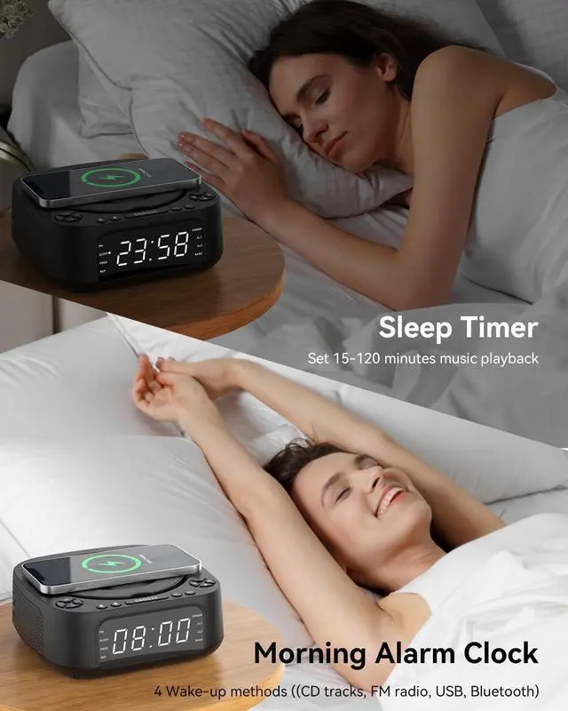 Alt view image 6 of 7 - CD Player Portable,MONODEAL CD Players for Home,Desktop Portable CD Player with Bluetooth Speakers,Wireless Charging,Alarm Clock,SleepTimer,Supports CD/Bluetooth/FM Radio/USB Drive/AUX,Remote Control