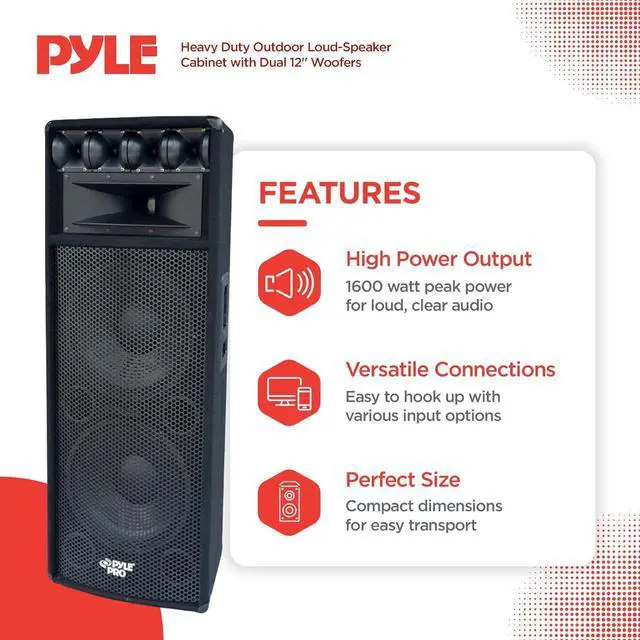 Main image of Pyle Portable Cabinet PA Speaker System - 1600 Watt Outdoor Stereo Sound Speakers w/ Dual 12" Woofers, 3.4" Piezo Tweeters, 5"x12" Super Horn Midrange, Crossover Network
