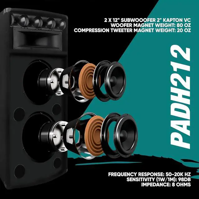 Alt view image 4 of 6 - Pyle Portable Cabinet PA Speaker System - 1600 Watt Outdoor Stereo Sound Speakers w/ Dual 12" Woofers, 3.4" Piezo Tweeters, 5"x12" Super Horn Midrange, Crossover Network