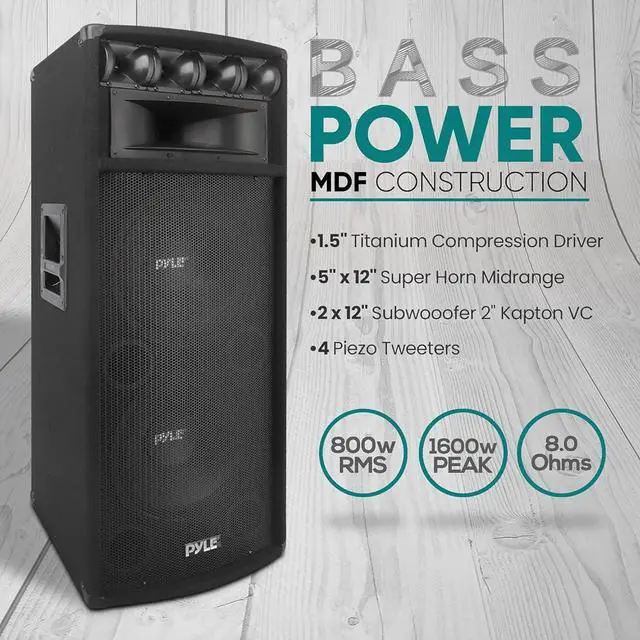 Alt view image 3 of 6 - Pyle Portable Cabinet PA Speaker System - 1600 Watt Outdoor Stereo Sound Speakers w/ Dual 12" Woofers, 3.4" Piezo Tweeters, 5"x12" Super Horn Midrange, Crossover Network