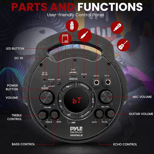 Alt view image 2 of 7 - Pyle Portable Bluetooth PA Speaker System - 800W Indoor/Outdoor Bluetooth Speaker Portable System w/TWS, Recorder, Microphone in, Party Lights, USB SD Card Reader, FM Radio, Carry Handle PPHP62LB