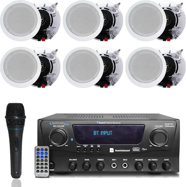 Main image of Home Theater System Kit 1000 Watts Bluetooth Receiver w/ 6 Qty 5.25" 175 Watts Each in-Wall in-Ceiling Speakers with Portable Microphone & Remote Control by Technical Pro