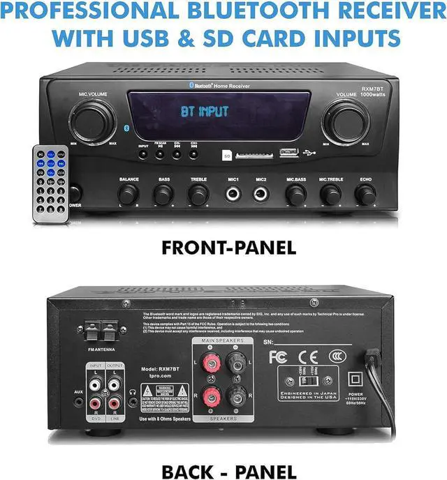 Alt view image 3 of 7 - Home Theater System Kit 1000 Watts Bluetooth Receiver w/ 6 Qty 5.25" 175 Watts Each in-Wall in-Ceiling Speakers with Portable Microphone & Remote Control by Technical Pro
