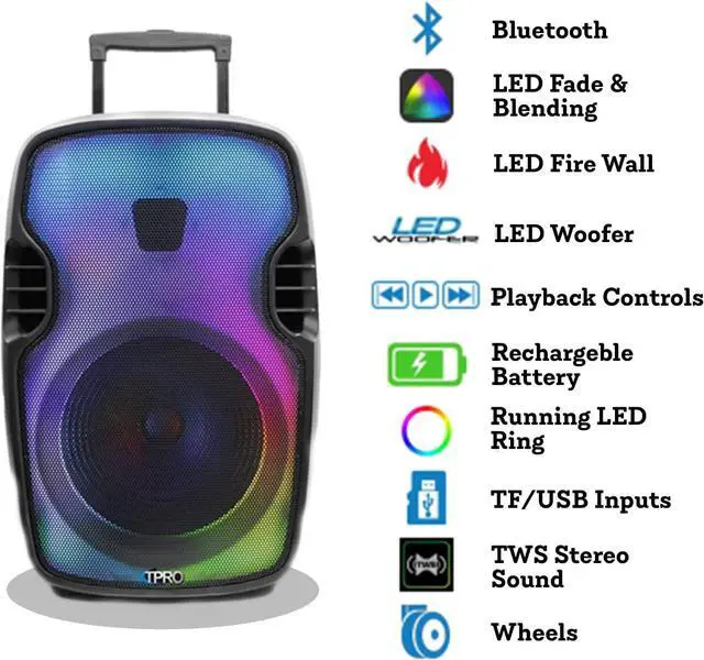 Alt view image 5 of 7 - 2000 Watts Portable Bluetooth Speaker Rechargeable 15 Inch Two Way Loudspeaker with SD USB 1/4'' Microphone Inputs, LED Visual Effects Glow Wall