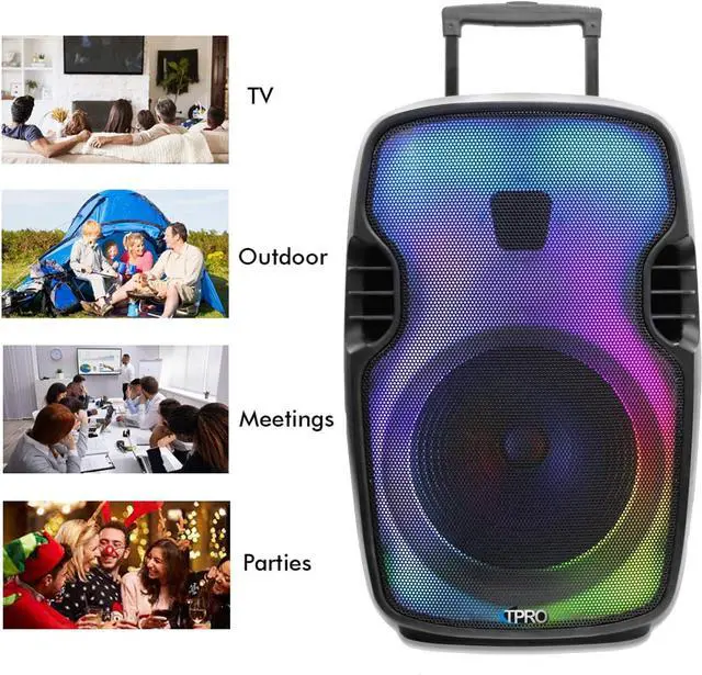 Alt view image 6 of 7 - 2000 Watts Portable Bluetooth Speaker Rechargeable 15 Inch Two Way Loudspeaker with SD USB 1/4'' Microphone Inputs, LED Visual Effects Glow Wall