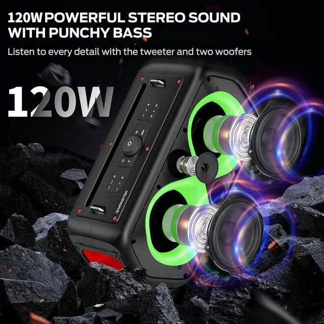 Alt view image 2 of 6 - Monster Musicbox Go Bluetooth Speaker,120W Peak High Power Outdoor Speakers, Large Portable Waterproof Bluetooth Speakers with 7 Lighting Effects, Subwoofer/Deep Bass/DSP/Stereo Pairing/EQ/32H
