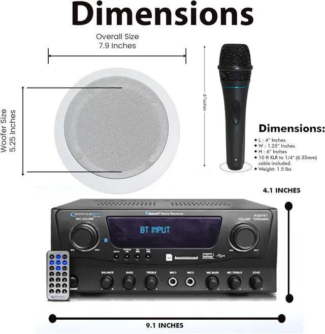 Alt view image 2 of 7 - Home Theater System Kit 1000 Watts Bluetooth Receiver w/ 6 Qty 5.25" 175 Watts Each in-Wall in-Ceiling Speakers with Portable Microphone & Remote Control by Technical Pro