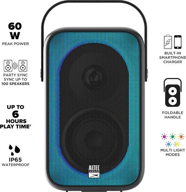 Alt view image 4 of 7 - Altec Lansing Shockwave Wireless Speaker 60W Bluetooth speakerwith a Long Lasting 6 Hour Battery, Multi LED Party Modes, Multiple bass Boost Modes, Party Sync