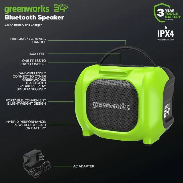 Alt view image 2 of 7 - Greenworks 24V Bluetooth Compact Speaker, AC/DC Wireless Portable Worksite Speaker, Tool Only