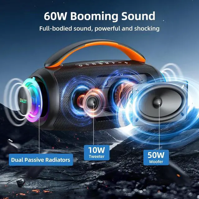Alt view image 2 of 6 - ZEALOT Portable Bluetooth Speaker, 80W Peak Waterproof Loud Booming Sound Speakers, Dual Pairing, XBass, 20H Playtime, Outdoor Speaker with Handle for Camping, Beach, Party, Backyard(Black)
