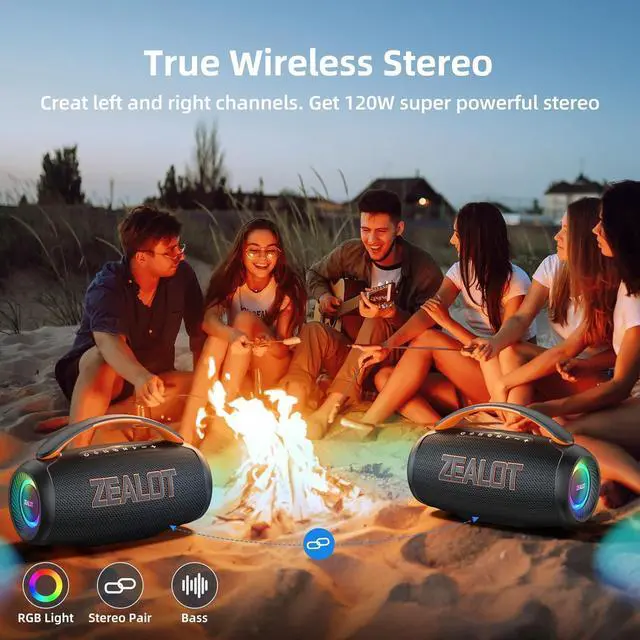 Alt view image 4 of 6 - ZEALOT Portable Bluetooth Speaker, 80W Peak Waterproof Loud Booming Sound Speakers, Dual Pairing, XBass, 20H Playtime, Outdoor Speaker with Handle for Camping, Beach, Party, Backyard(Black)