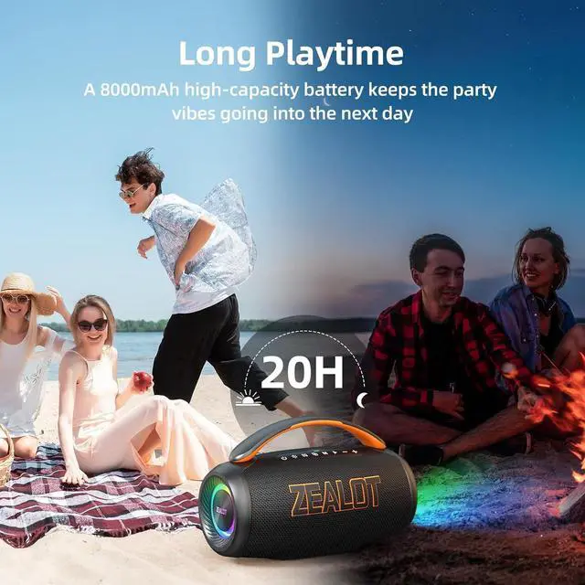 Alt view image 5 of 6 - ZEALOT Portable Bluetooth Speaker, 80W Peak Waterproof Loud Booming Sound Speakers, Dual Pairing, XBass, 20H Playtime, Outdoor Speaker with Handle for Camping, Beach, Party, Backyard(Black)