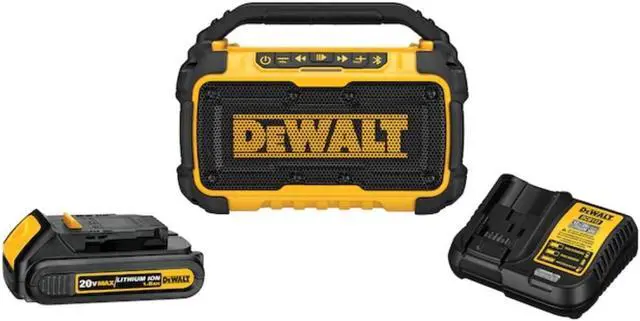 Main image of DEWALT 12V - 20V MAX Cordless Bluetooth Jobsite Bluetooth Speaker 100 ft Range, Lasts 8-10 Hours with Single Charge - Phone Holder, Battery and Charger Included (DCR010C1)