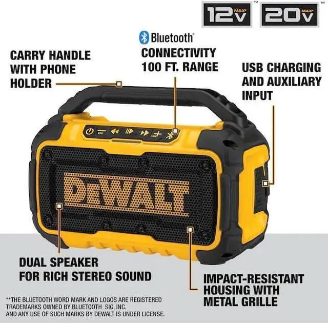 Alt view image 2 of 6 - DEWALT 12V - 20V MAX Cordless Bluetooth Jobsite Bluetooth Speaker 100 ft Range, Lasts 8-10 Hours with Single Charge - Phone Holder, Battery and Charger Included (DCR010C1)