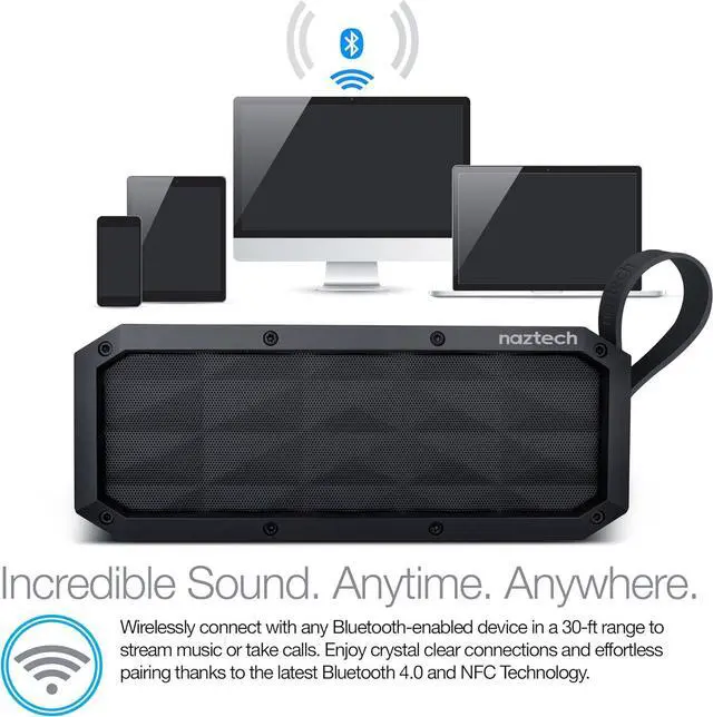 Alt view image 4 of 7 - Wireless Bluetooth Speaker, Naztech Portable Indoor/Outdoor IPX6 Waterproof Speaker with Built in Mic & Speakerphone, Loud Stereo Sound, Up to 16hr Playtime for Bluetooth Enabled Devices [Black] 13896