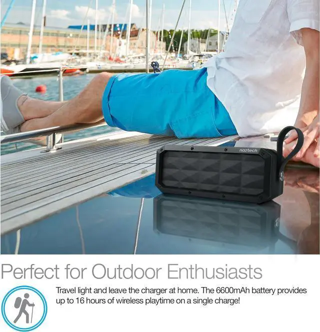 Alt view image 6 of 7 - Wireless Bluetooth Speaker, Naztech Portable Indoor/Outdoor IPX6 Waterproof Speaker with Built in Mic & Speakerphone, Loud Stereo Sound, Up to 16hr Playtime for Bluetooth Enabled Devices [Black] 13896