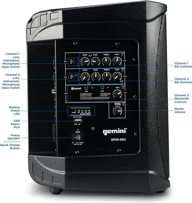 Alt view image 3 of 6 - Gemini Sound GPSS-650 Ultra-Portable 200W PA System with 6.5" Woofer, Bluetooth, TWS Link, 12+ Hour Battery Life, Dual Inputs, and DSP Effects  Perfect for DJs, Musicians and Public Address