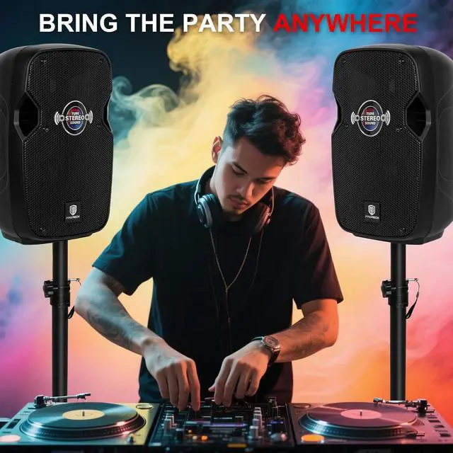 Alt view image 6 of 6 - PRORECK 10-Inch Stereo Speakers, 850W Peak Power Bluetooth PA Speaker, with Wired Microphone, Speaker Stands & Remote  Portable DJ Speaker for Parties, Events, Karaoke, Outdoor Use