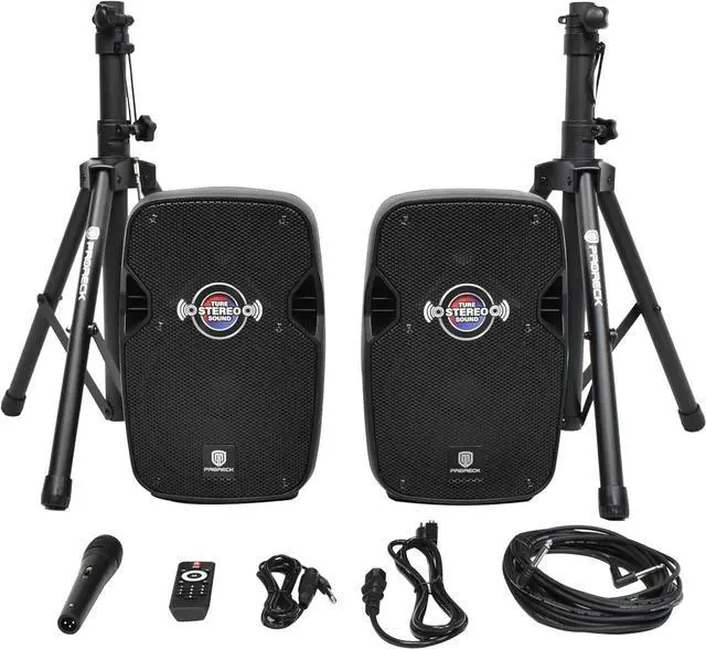 Main image of PRORECK 8-Inch Stereo Speakers, 650W Peak Power Bluetooth PA Speaker, with Wired Microphone, Speaker Stands & Remote  Portable DJ Speaker for Parties, Events, Karaoke