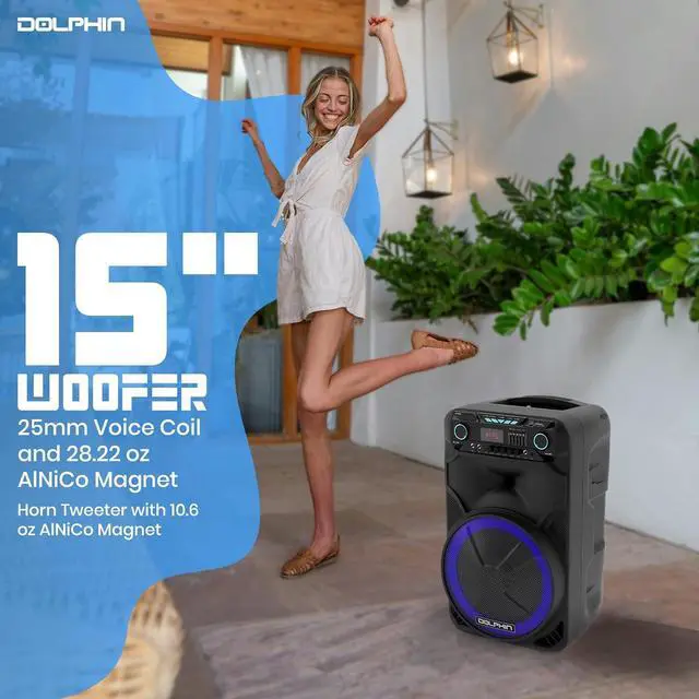 Alt view image 3 of 7 - Dolphin BoxParty 1500: High Power 15" Woofer w/Loud & DEEP BASS | Portable Party Bluetooth Speaker with Sound Activated Lights