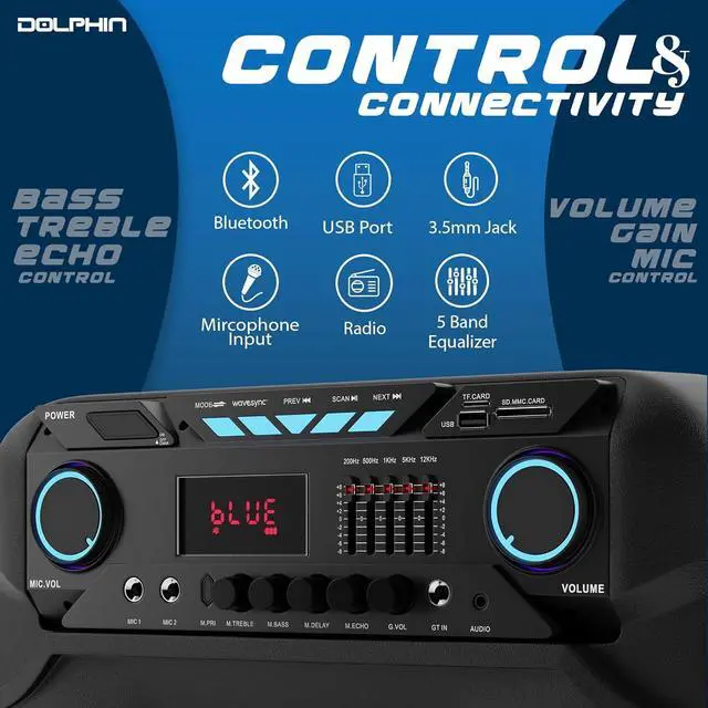 Alt view image 5 of 7 - Dolphin BoxParty 1500: High Power 15" Woofer w/Loud & DEEP BASS | Portable Party Bluetooth Speaker with Sound Activated Lights
