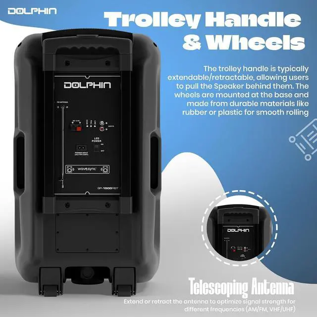 Alt view image 6 of 7 - Dolphin BoxParty 1500: High Power 15" Woofer w/Loud & DEEP BASS | Portable Party Bluetooth Speaker with Sound Activated Lights