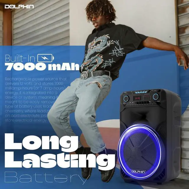 Alt view image 7 of 7 - Dolphin BoxParty 1500: High Power 15" Woofer w/Loud & DEEP BASS | Portable Party Bluetooth Speaker with Sound Activated Lights