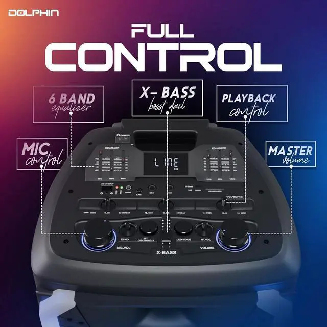 Alt view image 3 of 7 - Dolphin SP-3112RBT High Powered Portable Bluetooth Speaker  12-Inch Woofer, TWS, X-BASS, UHF Microphone, Dynamic LED Lights, Long Lasting Battery
