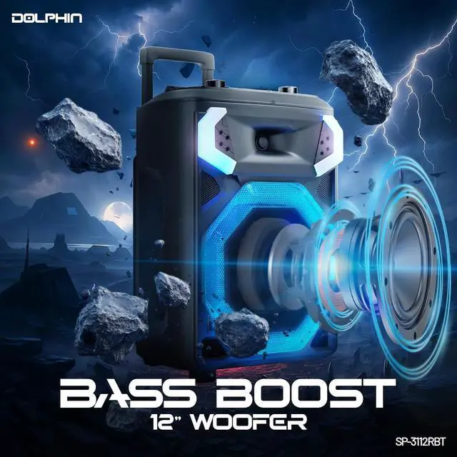 Alt view image 2 of 7 - Dolphin SP-3112RBT High Powered Portable Bluetooth Speaker  12-Inch Woofer, TWS, X-BASS, UHF Microphone, Dynamic LED Lights, Long Lasting Battery