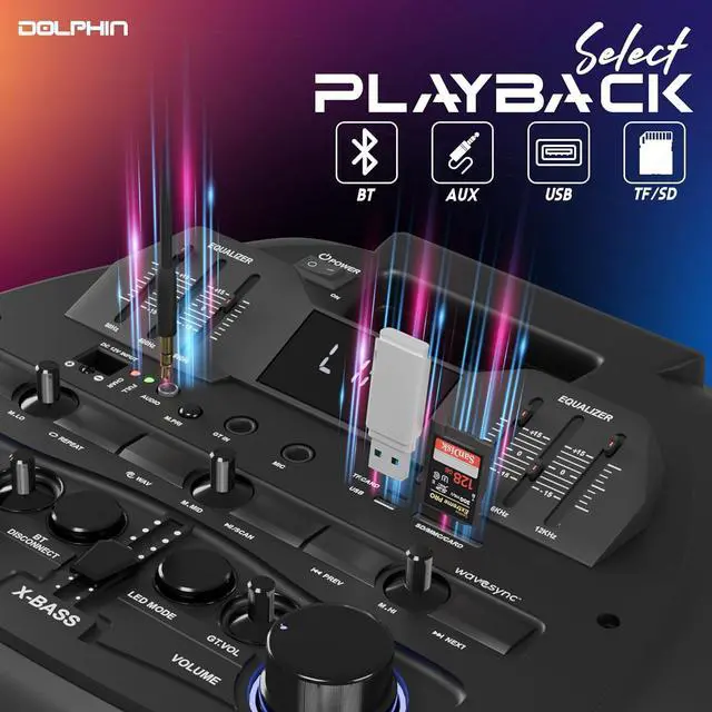 Alt view image 4 of 7 - Dolphin SP-3112RBT High Powered Portable Bluetooth Speaker  12-Inch Woofer, TWS, X-BASS, UHF Microphone, Dynamic LED Lights, Long Lasting Battery