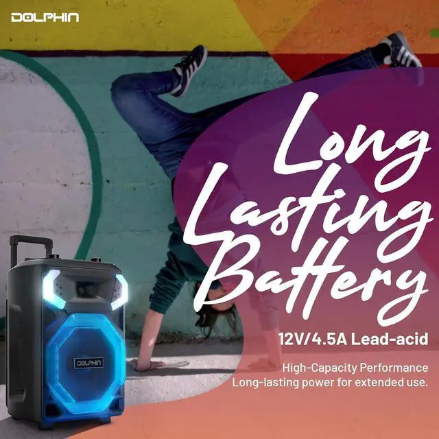Alt view image 5 of 7 - Dolphin SP-3112RBT High Powered Portable Bluetooth Speaker  12-Inch Woofer, TWS, X-BASS, UHF Microphone, Dynamic LED Lights, Long Lasting Battery