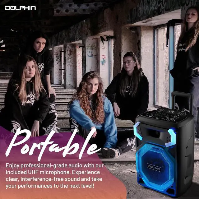 Alt view image 6 of 7 - Dolphin SP-3112RBT High Powered Portable Bluetooth Speaker  12-Inch Woofer, TWS, X-BASS, UHF Microphone, Dynamic LED Lights, Long Lasting Battery