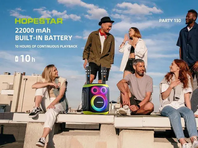 Alt view image 2 of 7 - 120W Wireless Portable Bluetooth Party Speaker with Two Microphones, Stero Audio, TWS Connection, AUX/TF Card Karaoke Machine (Black)