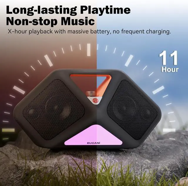 Alt view image 6 of 7 - BUGANI Portable Speaker,5.4 Bluetooth Speaker Wireless, IPX5 Waterproof, 120W Loud Sound with Deep Bass,6.5H Playtime LED Lights Outdoor Speakers Bluetooth Waterproof Patio, Beach Shower, Party