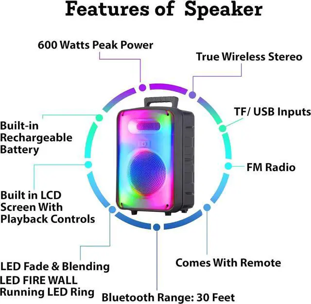 Alt view image 3 of 7 - Technical Pro 600 Watts Rechargeable 8 Inch Two Way Bluetooth Loudspeaker with LED Glow Wall, FM Radio, USB, TWS Stereo Sound, Carry Handles, Wireless Mic, and Remote Included