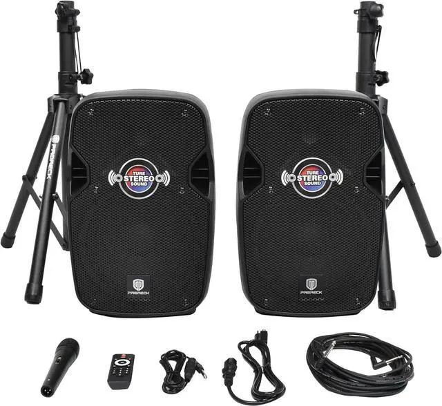 Main image of PRORECK 10-Inch Stereo Speakers, 850W Peak Power Bluetooth PA Speaker, with Wired Microphone, Speaker Stands & Remote  Portable DJ Speaker for Parties, Events, Karaoke, Outdoor Use