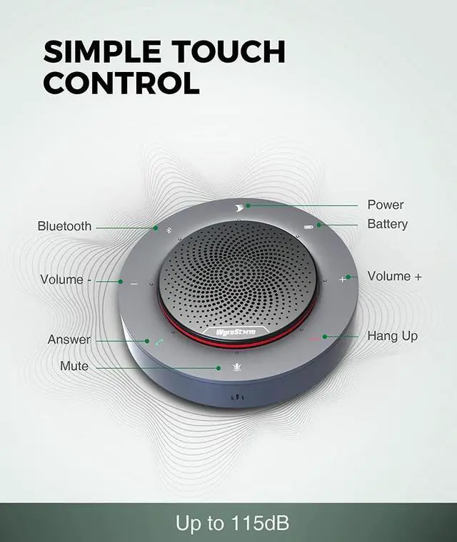 Alt view image 2 of 7 - WYRESTORM Halo 60 Portable USB & Bluetooth Conference Speaker, 4 Noise-canceling Mics, Enhanced 360° Voice Pickup. AGC Voice Balance, Full-Duplex, with 10-Hour Rechargeable Battery Life