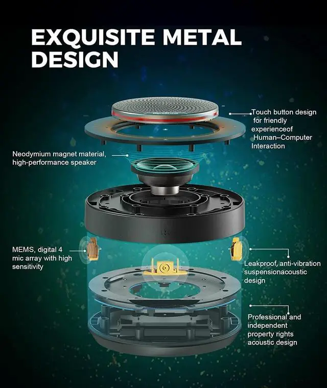 Alt view image 3 of 7 - WYRESTORM Halo 60 Portable USB & Bluetooth Conference Speaker, 4 Noise-canceling Mics, Enhanced 360° Voice Pickup. AGC Voice Balance, Full-Duplex, with 10-Hour Rechargeable Battery Life