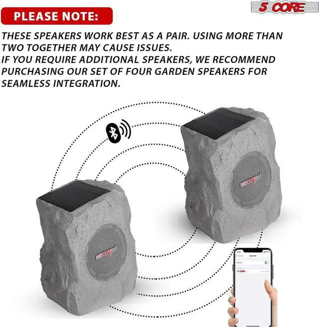 Alt view image 2 of 7 - 5 CORE Outdoor Speakers Bluetooth Waterproof Pair Linkable TWS Patio Pool Garden Wireless 10W RMS Solar Rock Speaker w RGB Light - GRDNSPK SP Gry 1PC