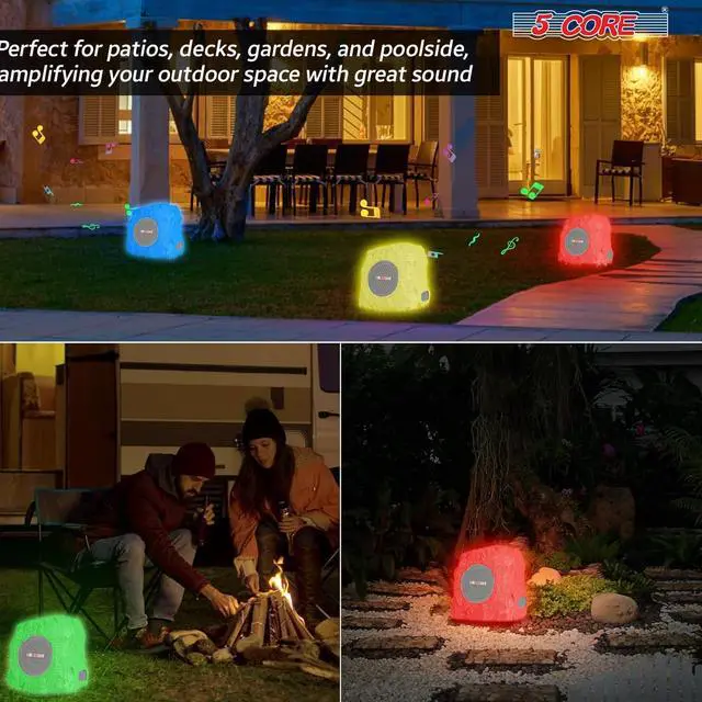 Alt view image 3 of 7 - 5 CORE Outdoor Speakers Bluetooth Waterproof Pair Linkable TWS Patio Pool Garden Wireless 10W RMS Solar Rock Speaker w RGB Light - GRDNSPK SP Gry 1PC