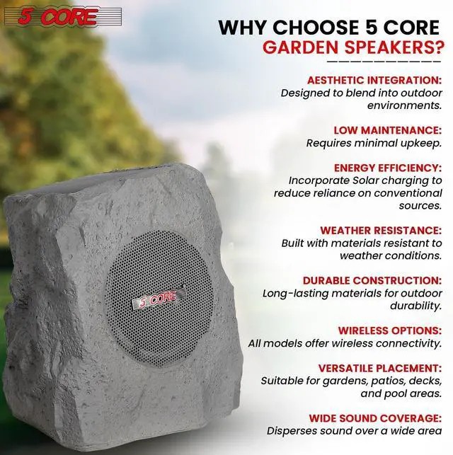 Alt view image 4 of 7 - 5 CORE Outdoor Speakers Bluetooth Waterproof Pair Linkable TWS Patio Pool Garden Wireless 10W RMS Solar Rock Speaker w RGB Light - GRDNSPK SP Gry 1PC