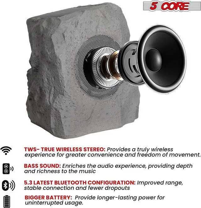 Alt view image 5 of 7 - 5 CORE Outdoor Speakers Bluetooth Waterproof Pair Linkable TWS Patio Pool Garden Wireless 10W RMS Solar Rock Speaker w RGB Light - GRDNSPK SP Gry 1PC