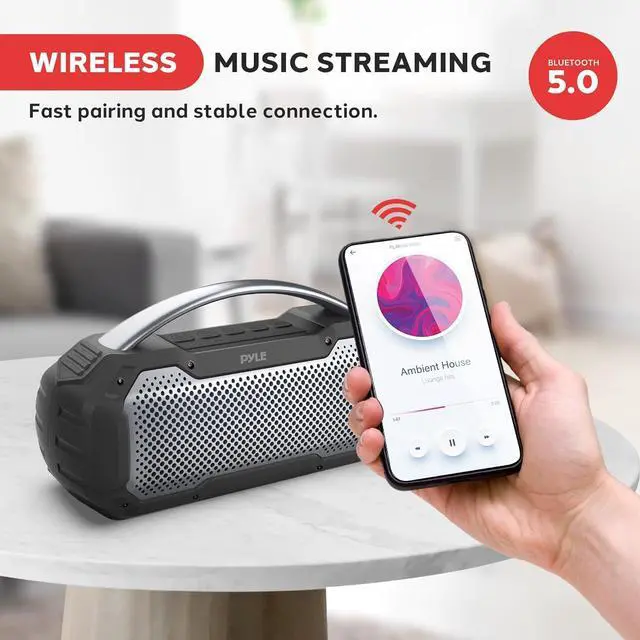 Alt view image 6 of 7 - Pyle Portable Bluetooth Speaker, IPX6 Waterproof Wireless Speaker with TWS Function, Rechargeable Battery, Built-in Microphone, 7-8 Hours Play Time, 20W Stereo Sound, Outdoor and Indoor Use
