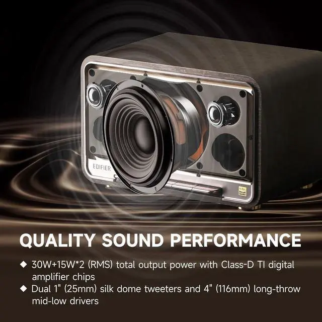 Alt view image 2 of 7 - Edifier D32 Tabletop Wireless Speakers 60W RMS, Hi-Res Audio Bluetooth 5.3 Speaker Support LDAC, Portable Retro Wooden Compatible with AirPlay2, USB-C and AUX Inputs, 11 Hours Playtime, Black