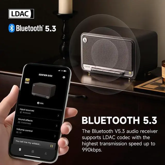 Alt view image 4 of 7 - Edifier D32 Tabletop Wireless Speakers 60W RMS, Hi-Res Audio Bluetooth 5.3 Speaker Support LDAC, Portable Retro Wooden Compatible with AirPlay2, USB-C and AUX Inputs, 11 Hours Playtime, Black