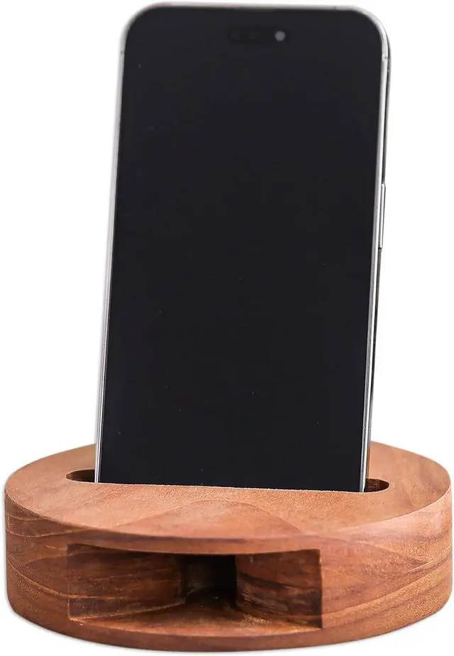 Main image of NOVICA Artisan Handmade Teak Wood Phone Speaker Round from Thailand Brown Gadgets Gear [Speaker 1.2in H x 4.4in Diam. Horns 2 2.5in L x 0.9in W Holder Size 0.9in H x 3.3in W x 0.5in D] ' Modern