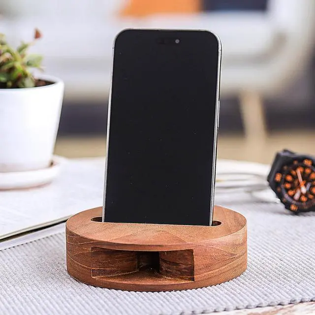 Alt view image 2 of 7 - NOVICA Artisan Handmade Teak Wood Phone Speaker Round from Thailand Brown Gadgets Gear [Speaker 1.2in H x 4.4in Diam. Horns 2 2.5in L x 0.9in W Holder Size 0.9in H x 3.3in W x 0.5in D] ' Modern