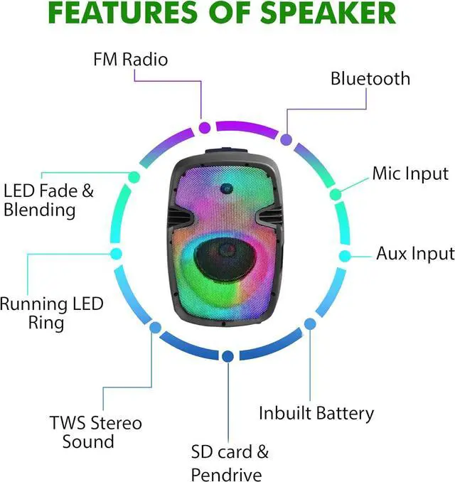 Alt view image 3 of 7 - Technical Pro 800 Watts Portable Bluetooth Speaker Rechargeable 8 Inch Two Way Loudspeaker with SD USB Microphone Inputs, LED Visual Effects Glow Wall