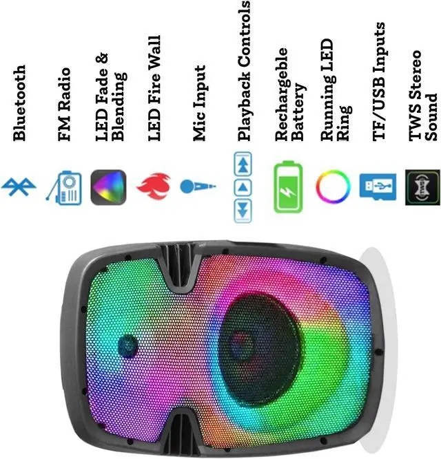 Alt view image 4 of 7 - Technical Pro 800 Watts Portable Bluetooth Speaker Rechargeable 8 Inch Two Way Loudspeaker with SD USB Microphone Inputs, LED Visual Effects Glow Wall